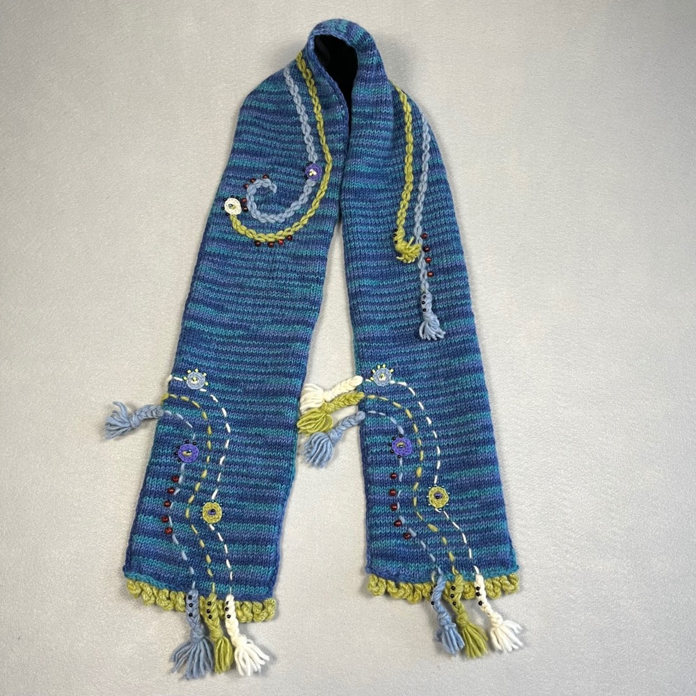 Icelandic Design Newari Blue Wool Embroidered Beaded Scarf Boho Fairycore